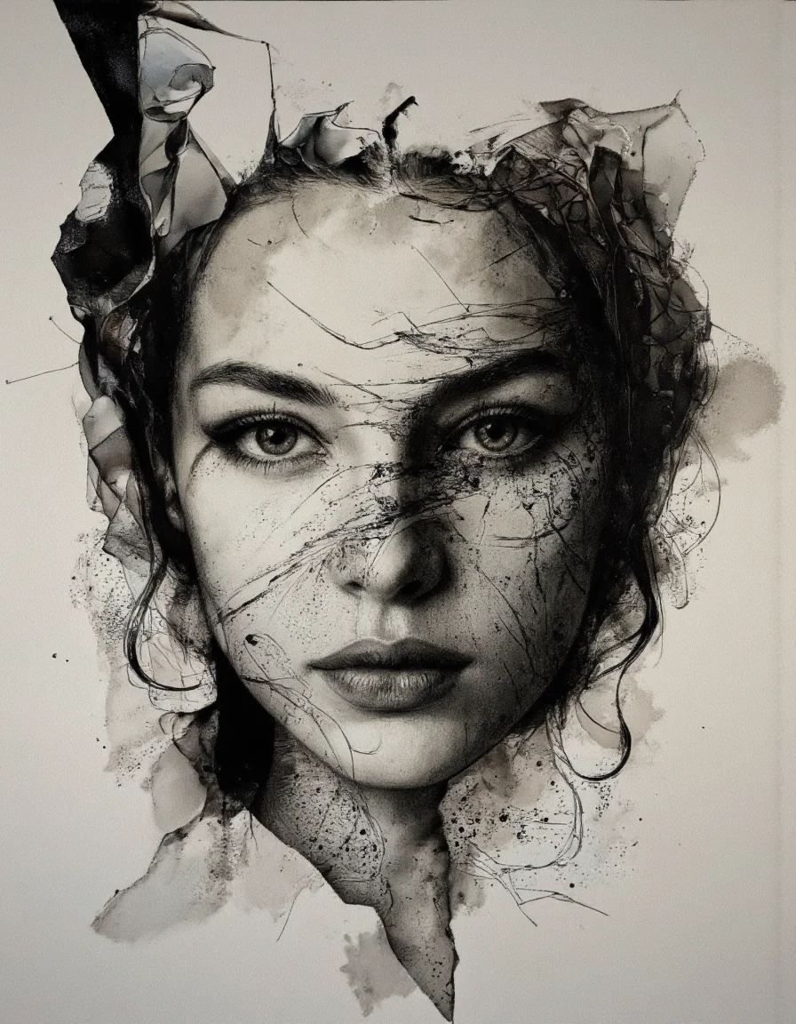 Art by Juan Brufal.
A highly detailed, realistic pencil drawing of a young woman's face,  Style is Surreal atmospheric realism with high-detail shadow work, muted colors, mysterious and introspective.