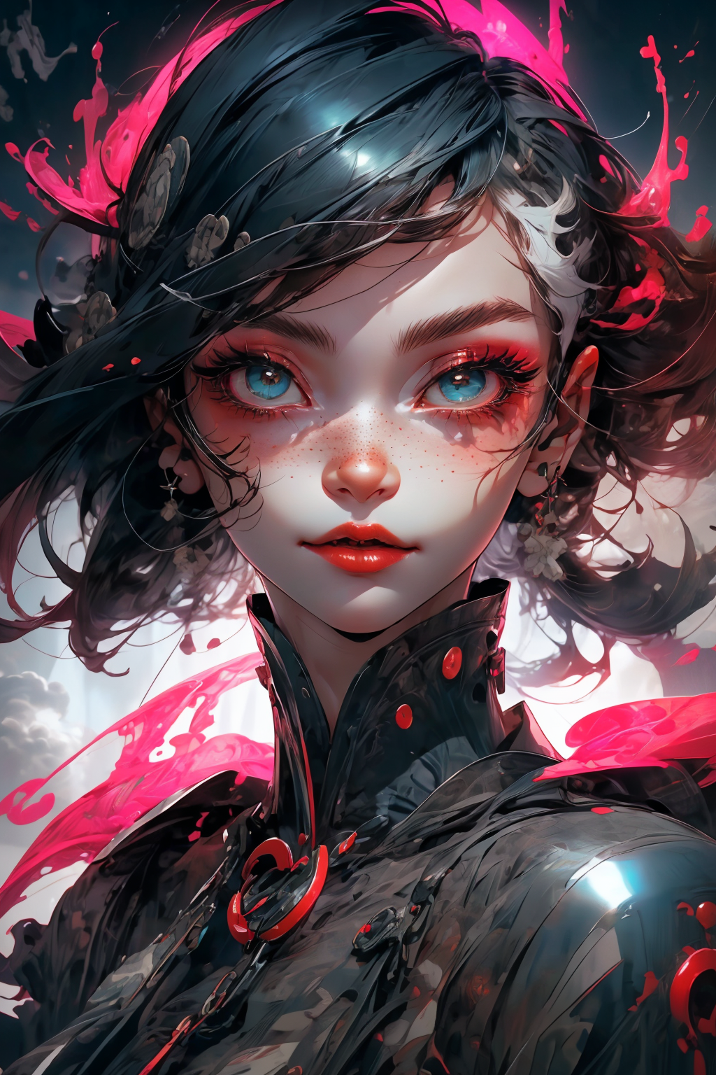 close-up shot, woman, gothic make-up, detailed skin, light freckles, shallow depth of field, OverallDetail
<lora:more_details:0.4>
 <lora:Cosmic anime-oil fusion v2:0.45> 
<lora:AnimeVibesV3:0.3> animevibes, 
<lora:3DMM_V11:0.5> 3DMM 
<lora:midjourney_20230624181825:0.7> midjourney ,
 <lora:LAS:0.5> cloud,colorful,
<lora:msw_locon-t2:0.6>
 <lora:wuxia2:0.6> gu,
 <lora:CyberpunkStyleV1:0.2> PunkAI ,
<lora:CatgirlMaidV1.0-000003:0.35> CatgirlMaid, shiny, shiny hair, shiny skin, shiny clothes