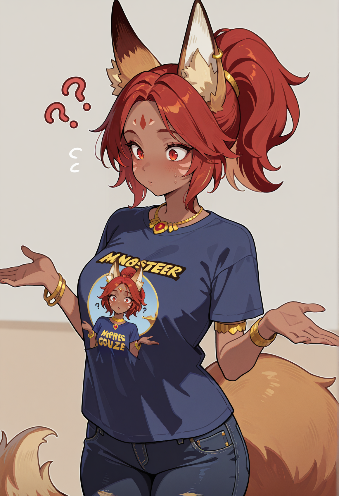 1girl, monster girl, fox ears, fox tail, dark skin, red hair, red eyes, ponytail, facial mark, jewelry, confused, armlet, bracelet, t-shirt, arts shirt, blue shirt, jeans, shrugging, <lora:Satrana_AFK:0.8>, masterpiece, best quality, amazing quality, very aesthetic, absurdres, highres, newest