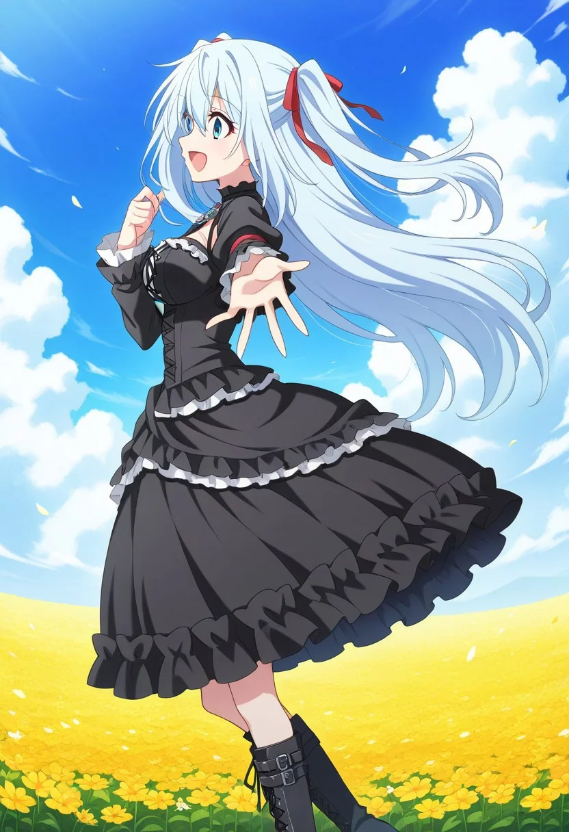masterpiece, best quality, anime screencap,  1girl, solo, ashe_(underthemoon),  long hair, light blue hair, blue eyes, breasts, hair ribbon, two_side_up, gothic fashion, gothic dress, black dress, black boots, full body, open mouth, smile, happy,  from side, reaching toward,from side, ,cowboy_shot, outdoor, cloud sky, (field:1.2), flower fields, (blue sky:1.2),