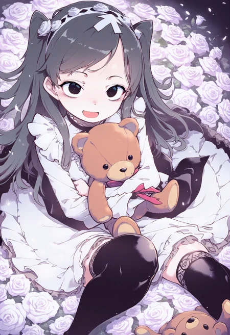 masterpiece,best quality,amazing quality,
1girl, teddy bear, stuffed animal, stuffed toy, solo, open mouth, smile, thighhighs, flower, :d, dress, long hair, black thighhighs, rose, looking at viewer, hairband, black hair, two side up, white rose, frills, black eyes, white flower,
<lora:Suzuki Kyoutaro-000009:1>