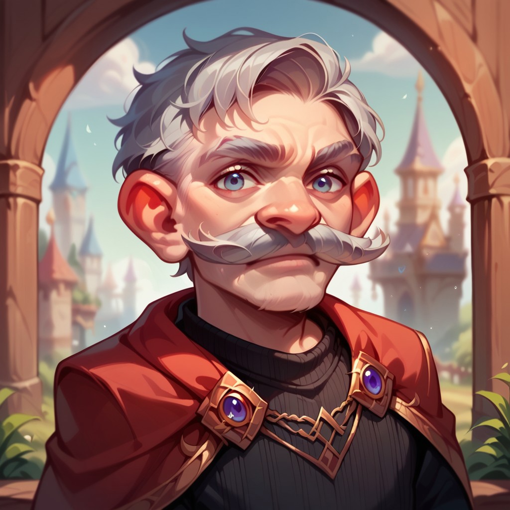 (((detailed, beautiful, high quality))), score_9, score_8_up, score_7_up, solo, upper body,
gnome, short stature, shortstack, big eyes, big ears,
1 boy, male focus, old man, gray hair, mustache, black sweater, red cape, 
looking at the viewer, posing,
fantasy background, blurred background,