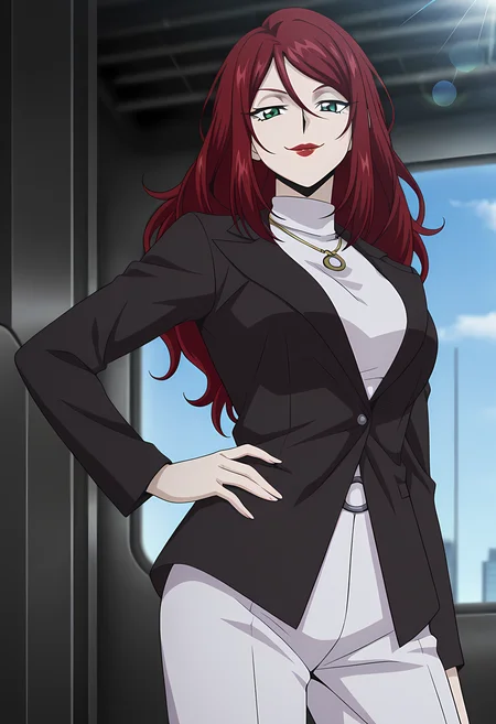 masterpiece,best quality,amazing quality,
1girl, solo,
Sophie Belle (Cardfight Vanguard), long hair, red hair, hair between eyes, green eyes, lipstick, red lips, makeup, jewelry, necklace, turtleneck, black jacket, white pants, high heels,
Smile, looking at viewer, Smug,
cinematic, hand on hips, upper body,
Indoors, zen garden, sci-fi city, blue (sky),
Lens flare, bloom,
Official style, anime screencap, anime coloring,