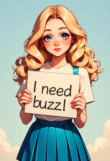 score_9, score_8_up, score_7_up, score_6_up,  source_anime, perfectly drawn blonde anime girl holding a sign, clearly printed text, I need buzz, pretty eyes, white short sleeve shirt, blue pleated skirt, beautiful park background, solo, upturned eyebrows, need_buzz, holding sign, masterpiece, beautiful drawing,