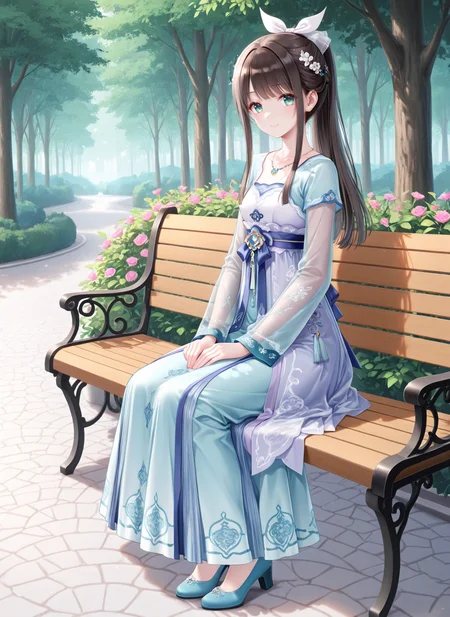masterpiece,best quality,newest,absurdres,highres,soft shadows,year2024,mutou kurihito,(kimishima ao:0.7),(hiten \(hitenkei\):0.4),(sheya:0.4),
<lora:MisakiXLNAI:1>,ensemble style,misaki(ensemble),1girl,ponytail,white ribbon,brown hair,green eyes,smile,looking at viewer,
<lora:qixiongruqunXLNAI:1>xinsuitong, qixiong ruqun, chinese clothes, flower, necklace, see-through sleeves,long sleeves, blue footwear
full body, from side, sitting,on bench,outdoors,street,forest,