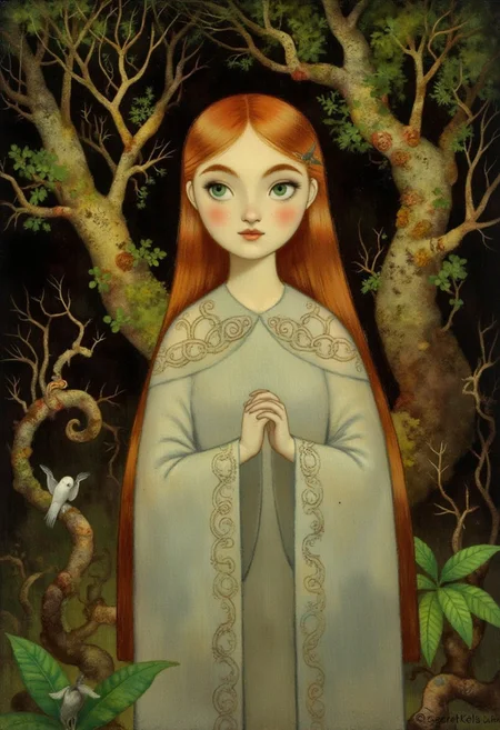 SecretKells Victorian era oil painting by Henrietta Rae, full body portrait of a beautiful young woman with red hair, her intricate sheer Celtic-patterned cloak flowing softly around her, set against a dark forest backdrop. Her eyes reflect the soft glow of magical runes on the trees, while delicate swirling lines frame her face. Animated, stylized, detailed portrait, mystical atmosphere.