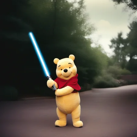analog film photo liveaction winnie the pooh is a jedi master with a lightsaber, starwars <lora:Winnie1024:0.8> . faded film, desaturated, 35mm photo, grainy, vignette, vintage, Kodachrome, Lomography, stained, highly detailed, found footage