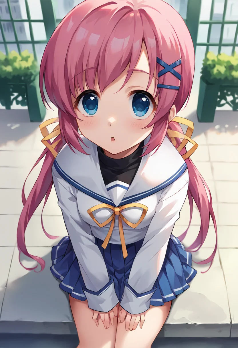 score_9, score_8_up, score_7_up, masterpiece, source_anime, 1girl, ct_nanaka, blue eyes, pink hair, twintails, long hair, x hair ornament, hairclip, hair ribbon, white serafuku, black turtleneck, white sailor collar, yellow neck ribbon, puffy long sleeves, blue skirt, looking at viewer, outdoors, city, depth of field, sitting, from above, looking up, foreshortening, <lora:ShirakawaNanaka_Pony_ct:1>