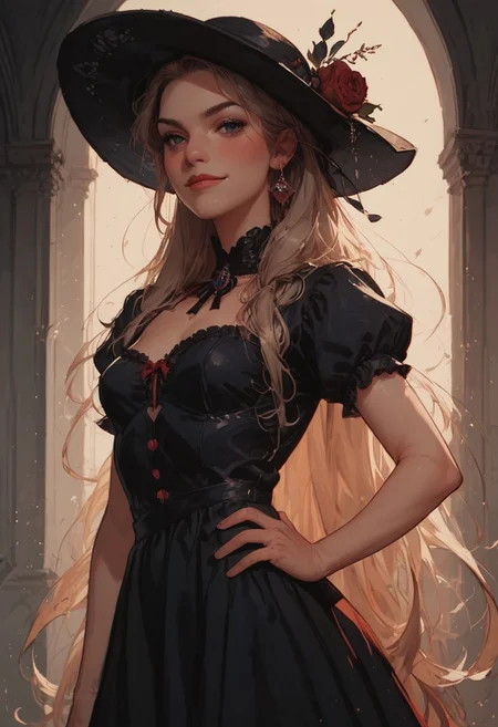 (score_9_up,score_8_up:1.3),score_6_up,score_7_up, core_9, score_8_up, score_7_up, score_6_up, ((blurred detailed background, cowboy shot)), (score_9_up,score_8_up:1.3),score_6_up,score_7_up, core_9, score_8_up, score_7_up, score_6_up, ((blurred detailed background, dynamic angle)), (masterpiece, best quality), (absurdres absolutely resolution), (8k), (detailed beautiful face), (detailed illustration), (super fine illustration), (vibrant color), (professional lighting), nice, perfect,(perfect anatomy:1.4), BREAK  score_9, score_8_up, score_7_up, masterpiece, black shiny hair, very long hair, rim light, black eyes, blush, wearing red Victorian dress, red short puffy sleeves, bare arms, black laces and ribbons, deep cleavage, red sun-hat, gloves, simple background, centered view, smirk, standing pose, hand on hip,. 
in the style of a vintage, (dark Chiaroscuro oil painting). Emphasize theatrical elements with bursts of bright colors against dark, moody backgrounds. 
<lora:add-detail-xl:2>