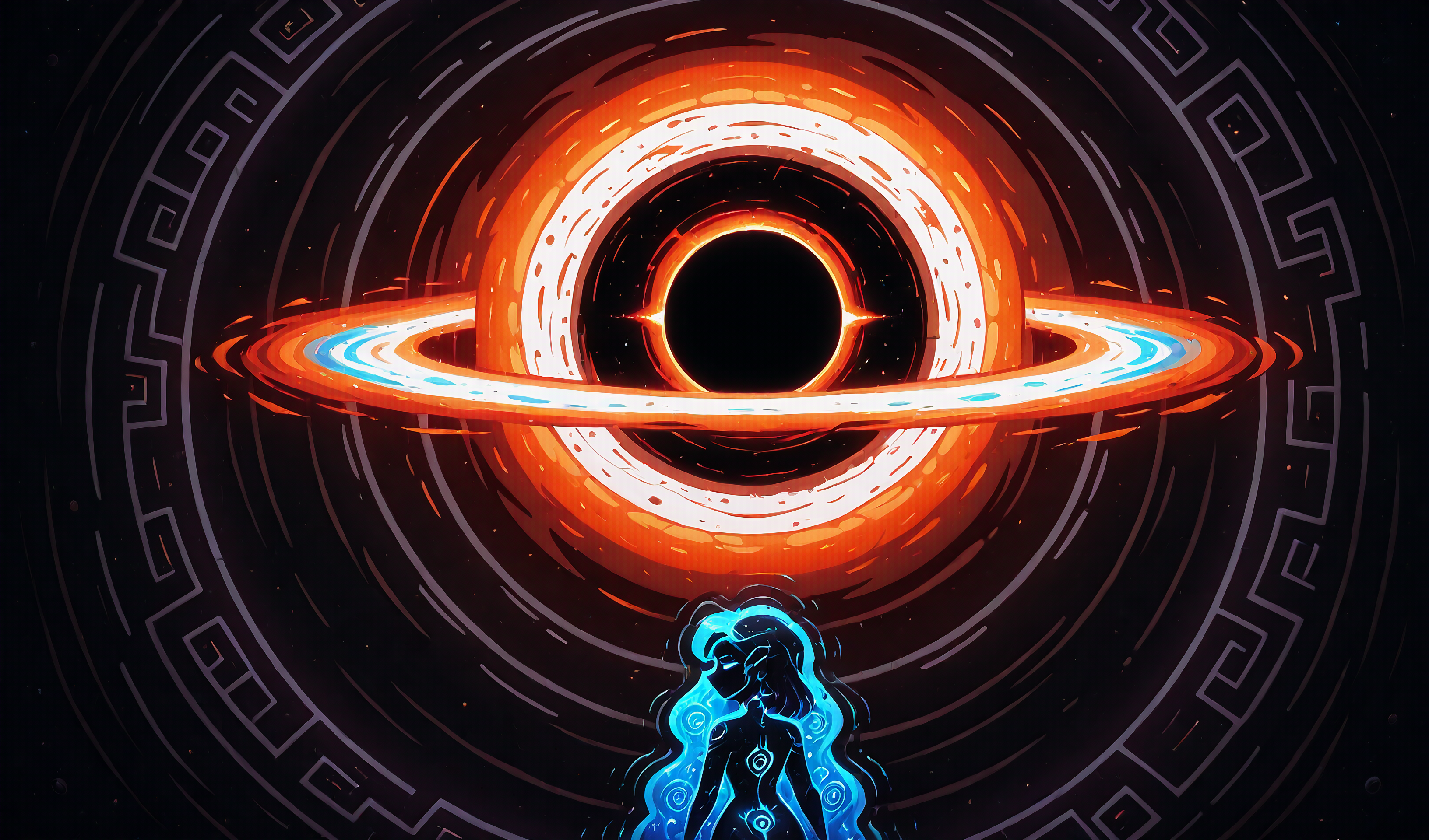 profile view, impossibly prismatic, collapsing into a black hole, warping space, fibonacci patterns, transcendent art, five-dimensional, abstract entropic curtailment, visual music, geometric collapse, catastrophic time dilation, 