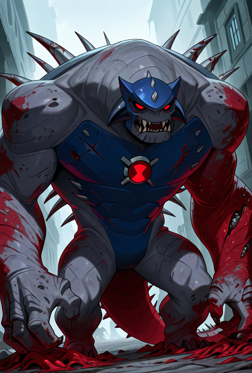 <lora:ulthum-09:1> ulthum, spikes, solo, no humans, red eyes, gray skin, light brownish red skin,, , 1boy, , blue helmet, zombie, , rotting flesh, massive scars,  medieval faceplate, fangs, sharp teeth, massive spines, <lora:damagedrobot_v27-noobxl_eps-08:1> damaged arms, masterpiece, best quality, amazing quality, very aesthetic, absurdres, newest,