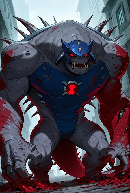 <lora:ulthum-09:1> ulthum, spikes, solo, no humans, red eyes, gray skin, light brownish red skin,, , 1boy, , blue helmet, zombie, , rotting flesh, massive scars, medieval faceplate, fangs, sharp teeth, massive spines, <lora:damagedrobot_v27-noobxl_eps-08:1> damaged arms, masterpiece, best quality, amazing quality, very aesthetic, absurdres, newest,