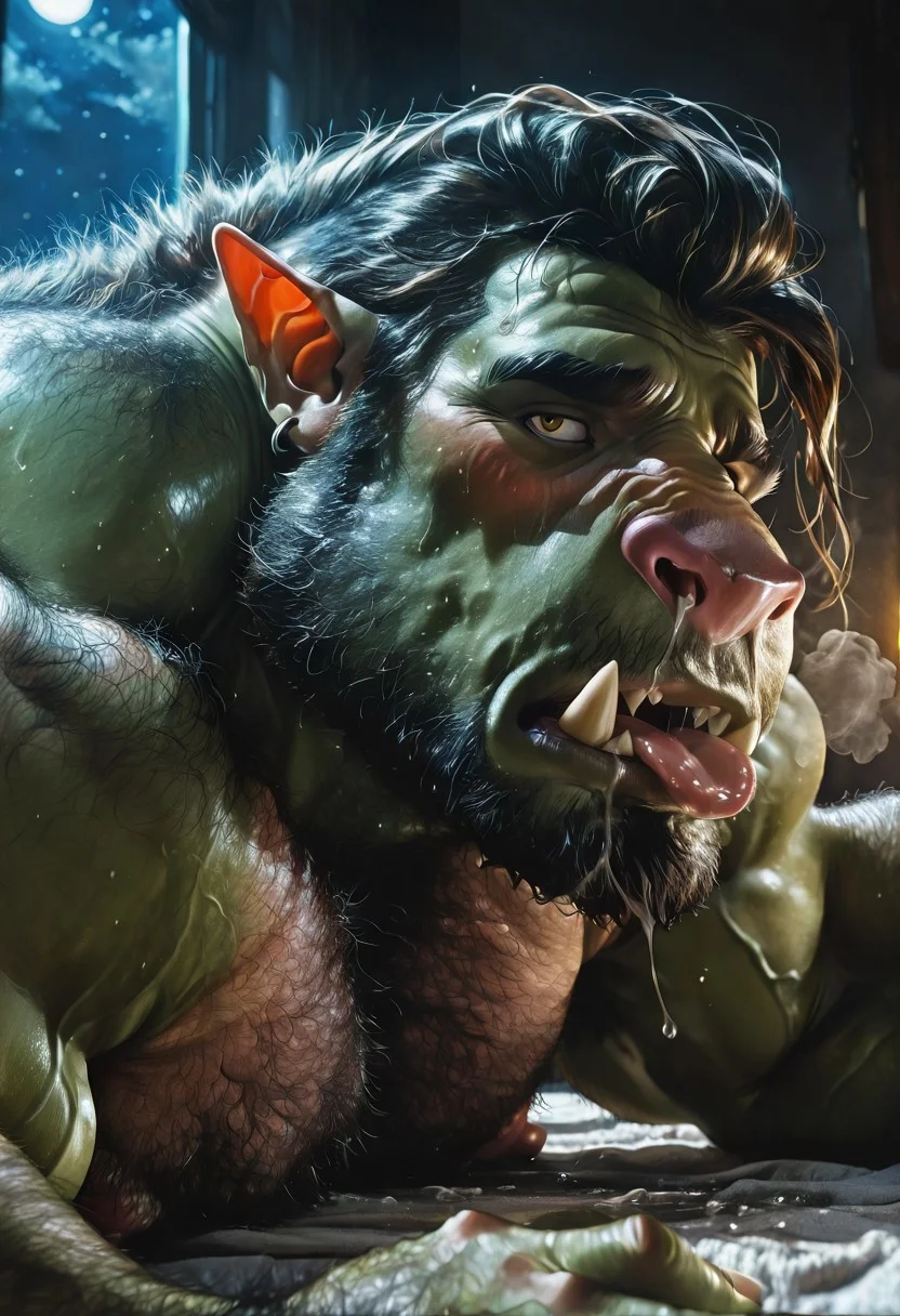 masterpiece, high-detailed hair, high-detailed body, best quality, hi res, high-detailed background, ultra-detailed, 4K, hi res, realistic, amazing quality, very aesthetic, illustration, perfect composition, intricate details, absurdres, zoomed in, focus blur, nighttime, night, inside
(open_mouth, loud moaning),, detailed hair, (bodyhair:1.7),,
(((Before and after transformation))), looking at viewer, male, facial hair, goatee,,
huge abs, hairy chest, dumb jock, extremely dumb, become stupider, dumb expression, himbo lips, big lips, pleasured expression, lust filled,, thick eyebrows, masculine male,
hairy body,, (massive pectorals, hairy chest), ((,furry male, solo, orc tusks, ear growth, ear piercing,, hyper pectorals, puffy nipples, pectoral bulge, bara male, hairy male body))) toned,, bursting pecs, hairy pecs, hyper biceps, navel hair, pubic hair, broad shoulders, thick abs,
mid_transformation, lying down, head on the ground, wet nose, textured nose, glossy nose, teeth, fangs, tongue, saliva, drool, ((humanoid hands with claws)), blushing, pleasured, dizzy (swirls), open_mouth, lying down, head on the ground, sweat, (((side shot, close-up shot, face shot, nose focus, focus on the nose))) close-up shot, dynamic angle,,,
muscle growth, strong black outlines, intense motion lines, trembling, teeth growth,
sweat, sweaty, musk, musky, musk clouds, sweat stains, sweat stained,
transformation, ANIMAL_ _PART_, transformation, bytransform