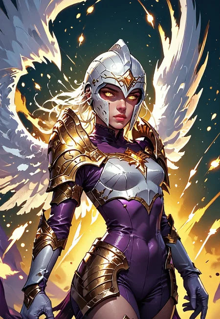 ((zPDXL3)), ((masterpiece,best quality, highly detailed)), ((score_9)), score_8_up, score_7_up, score_6_up, score_5_up, score_4_up, Digital painting style, brushstrokes, ((EnhanceImage)), solo, 1girl, KayleLoLXL, glowing eyes, yellow eyes, white barbute helmet, medium breasts, white wings, white armor, golden ornament armor, gold shoulder armor, arm armor, white gloves, white breastplate, purple bodysuit, white leg armor, white armored boots,
Expressiveh, 30yo, adult lustful confident woman, petite, slender body, perky saggy natural breasts, full lips, bangs, sidelocks, straps,
chinese magical sorceress, animated, swirling magic, wisps of magic, dancing pose, tight squeezed outfit, magical accessories, evoking motion, conveying motion, dynamic splash art,
<lora:PainterlyFantasiaPDXL:0.6>,