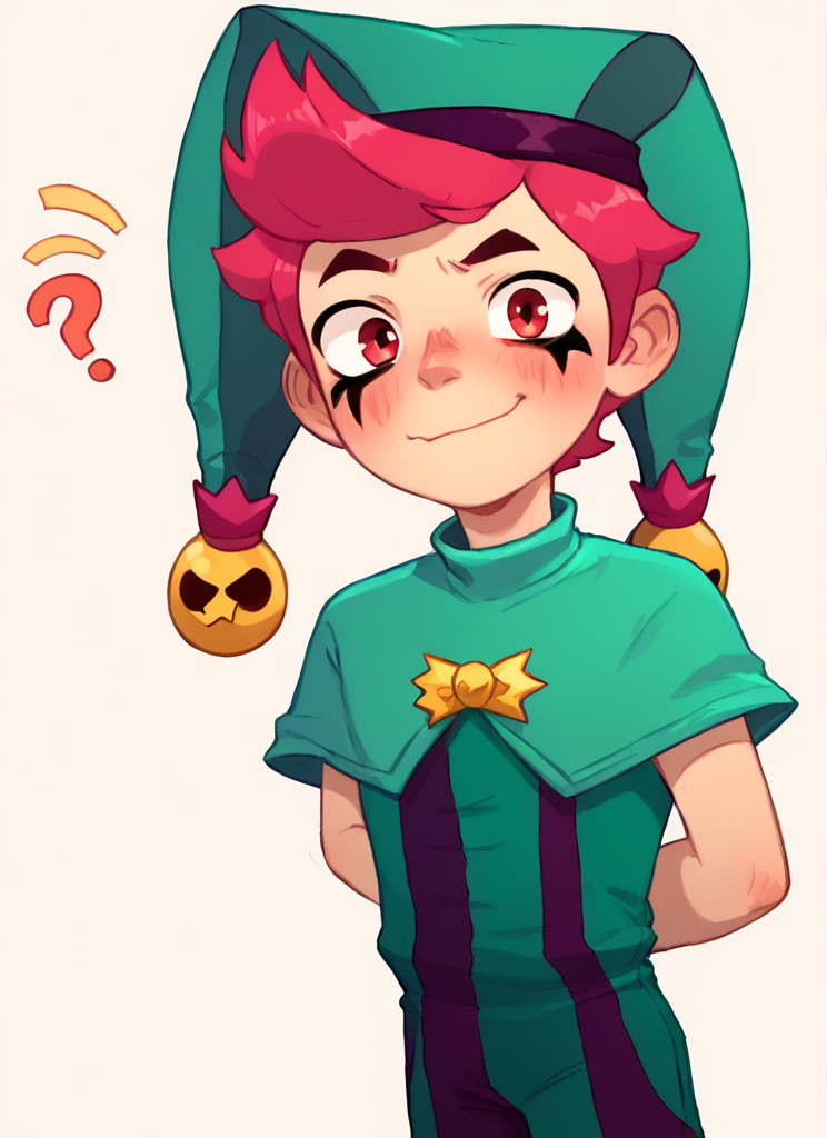 score_9, score_8_up, score_7_up, <lora:bschester:1> 1boy, bschester , pink hair, red eyes , jester cap,  green headwear  ,green jumpsuit,  capelet,  ,solo  , blush,  evil smile,,  confused,  ???  ,arms behind back,  looking at viewer,  closed mouth   <lora:PossumMachine:1>posmach