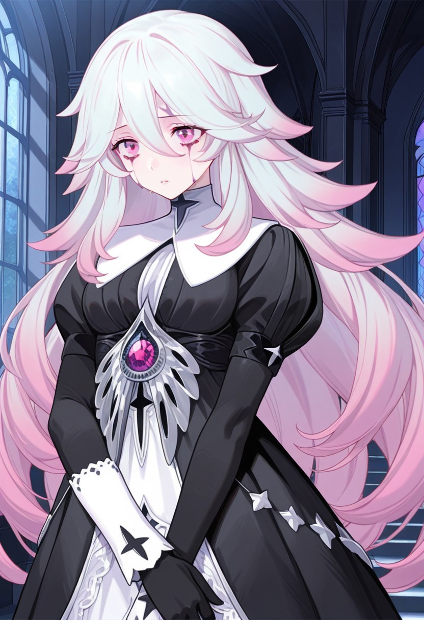 AMAZING QUALITY, MASTERPIECE, 1GIRL, CHIARA, WHITE HAIR, PINK HIGHLIGHTS, PINK EYES, DRESS, EYE STAINS, GLOVES