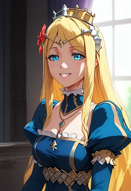score_9, score_8_up, score_7_up, NSFW, anime, best quality, masterpiece, 4k, uncensored, perfect lighting, rating explicit, very aesthetic, princess renner, 1girl, flower,crown, dress, long dress hair flower, solo, blonde hair, long hair, blue eyes, puffy sleeves, hair ornament,standing,smile