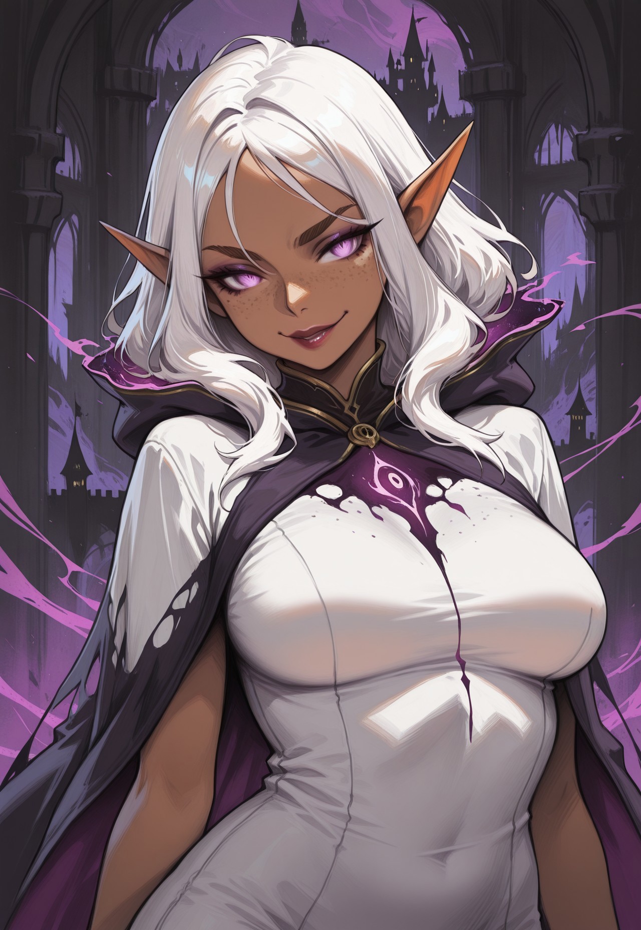 masterpiece, best quality, amazing quality,  high resolution, aesthetic, 1girl,  (evil warlock:1.4), pointed ears, casual clothing, hoodie, solo, dark skin, white hair, medium breasts, brown eyebrows, freckles, (big lips:0.6), makeup, castle garden, flirty face and body language, T1th1, abstract, fantasy, painterly, scenery, surreal