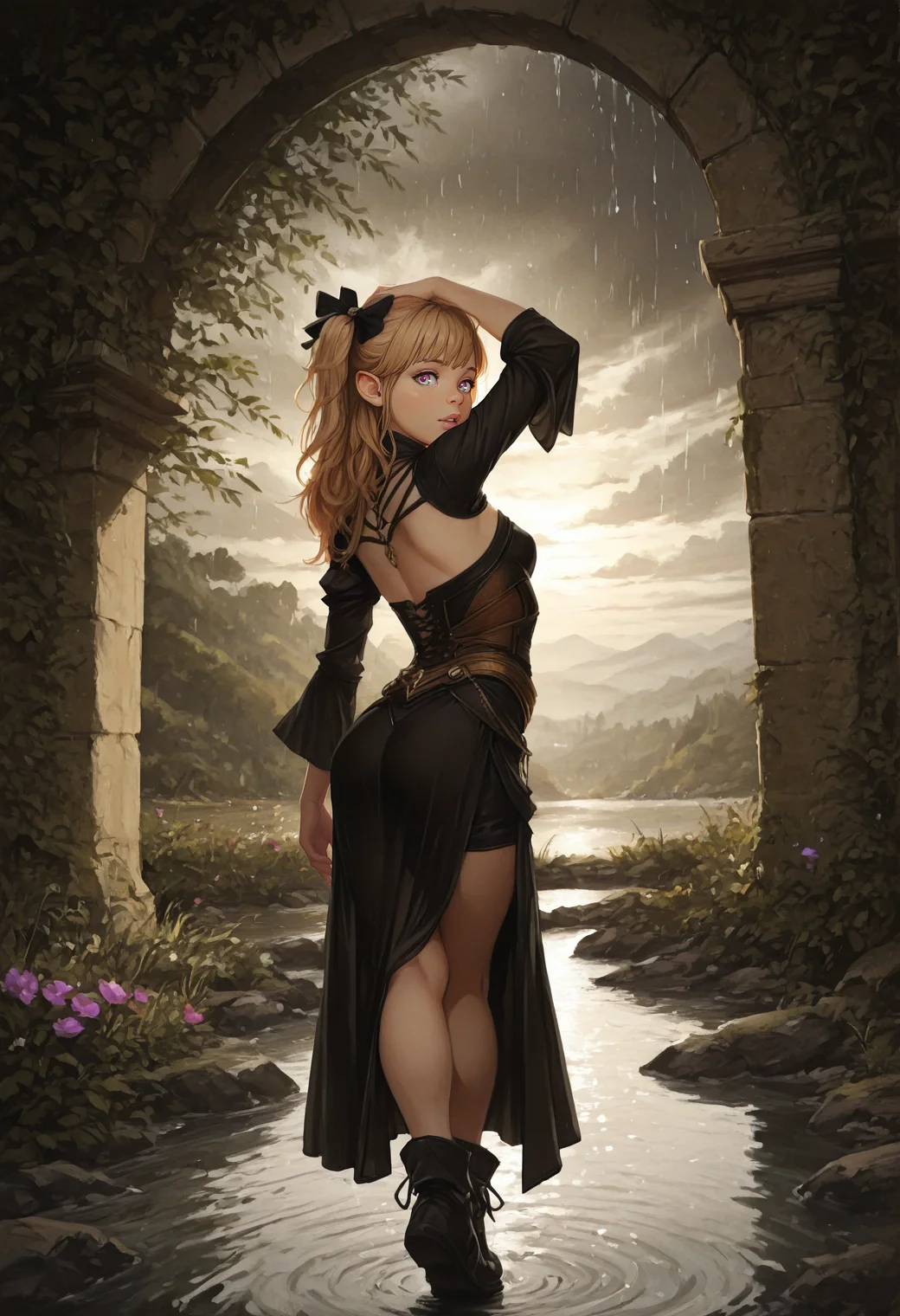 very awa, lineart, watercolor, negative space, [sei shoujo], [yoshiten], style parody, [bang dream!], [arcane: league of legends], [league of legends], (close-up:1.9), (front side back three:1.5), (dramatic angle, depth of field) BREAK woman, solo, <lora:halfling:0.7> halfling, (short stature), pointed ears, big eyes, big feet, medium gold hair, bald hair with hair bow, multicolored eyes, (light brown skin:1.2), thicc body, cute, attractive figure ,wide hips, small breasts, perfect hands, matte lips, looking back, (in heat), parted lips BREAK outfit, wearing couture (detailed dark yellow leather twosided dress), choir boy collar, flounce sleeves, belly chain, ankle boots, BREAK fantasy, outdoors, detailed landscape, calm lake, water, flowers, standing, contrapposto , one arm over head, summer, sunset, soft light, long shadows, grey sky, overcast, cloudy sky, heavy rain, storm,, cinematic lighting BREAK <lora:Expression_Detailer_Illustrious_Lora:0.7> <lora:Echodove-ILLU:0.6> <lora:DarkerThanDarkIllustriousV1:0.5> <lora:Relatively_Default_V1_Illu_Edition:0.6> RD-Illu, <lora:Stunning_Art_-__Landscape__Background-000009:0.6> st_landscape