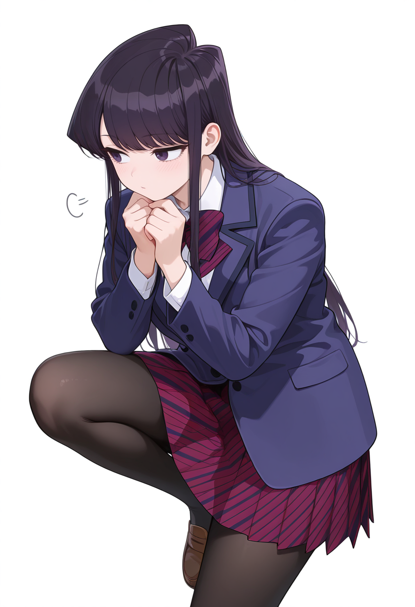Smooth Quality,masterpiece,very intricate, high quality details, ultra realistic, high detailed skin,detailed enviorement,
simple background, white background, thinking,
standing on one leg, 
 <lora:Agari_Himiko_cnn:0.8> komi shouko, 1girl,black hair, long hair, bangs, purple eyes, 
school uniform, white shirt,striped bowtie,striped skirt, pleated skirt, jacket,black pantyhose,
