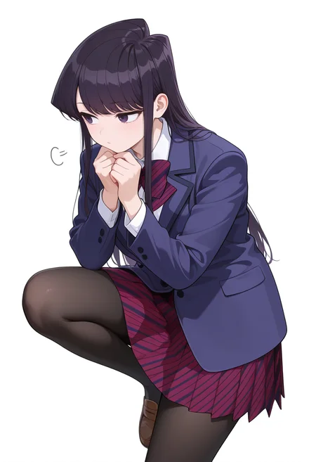 Smooth Quality,masterpiece,very intricate, high quality details, ultra realistic, high detailed skin,detailed enviorement,
simple background, white background, thinking,
standing on one leg,
<lora:Agari_Himiko_cnn:0.8> komi shouko, 1girl,black hair, long hair, bangs, purple eyes,
school uniform, white shirt,striped bowtie,striped skirt, pleated skirt, jacket,black pantyhose,