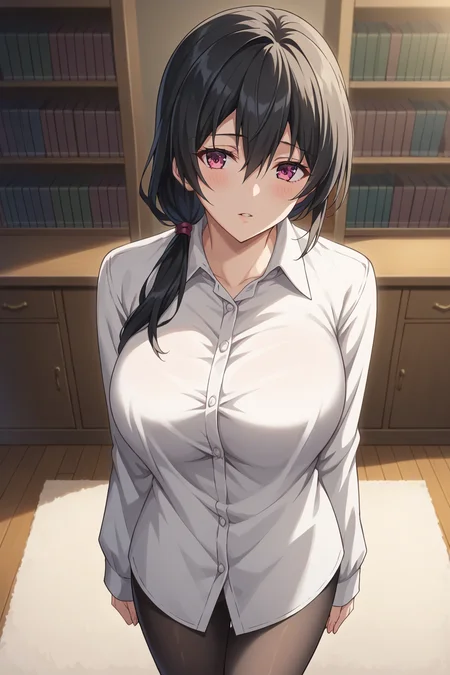 score_9, score_8_up, score_7_up, source_anime, 1girl, prefect lighting, very aesthetic, intricate details, highly detailed background, masterpiece, high quality, prefect hands, best quality, solo,
<lora:Kaori_Sakaki_RanSem_V1:.85>, KJOkaori, black hair, dark pink eyes, low ponytail, hair over shoulder, hair between eyes,
bedroom, bookshelf, wardrobe, desk, carpet, standing, shy, blush, parted lips,
white shirt, oversized shirt, dress shirt, sleeves past wrists, black pantyhose, no pants,
(Beautiful, large Breasts:1.2), natural breasts,