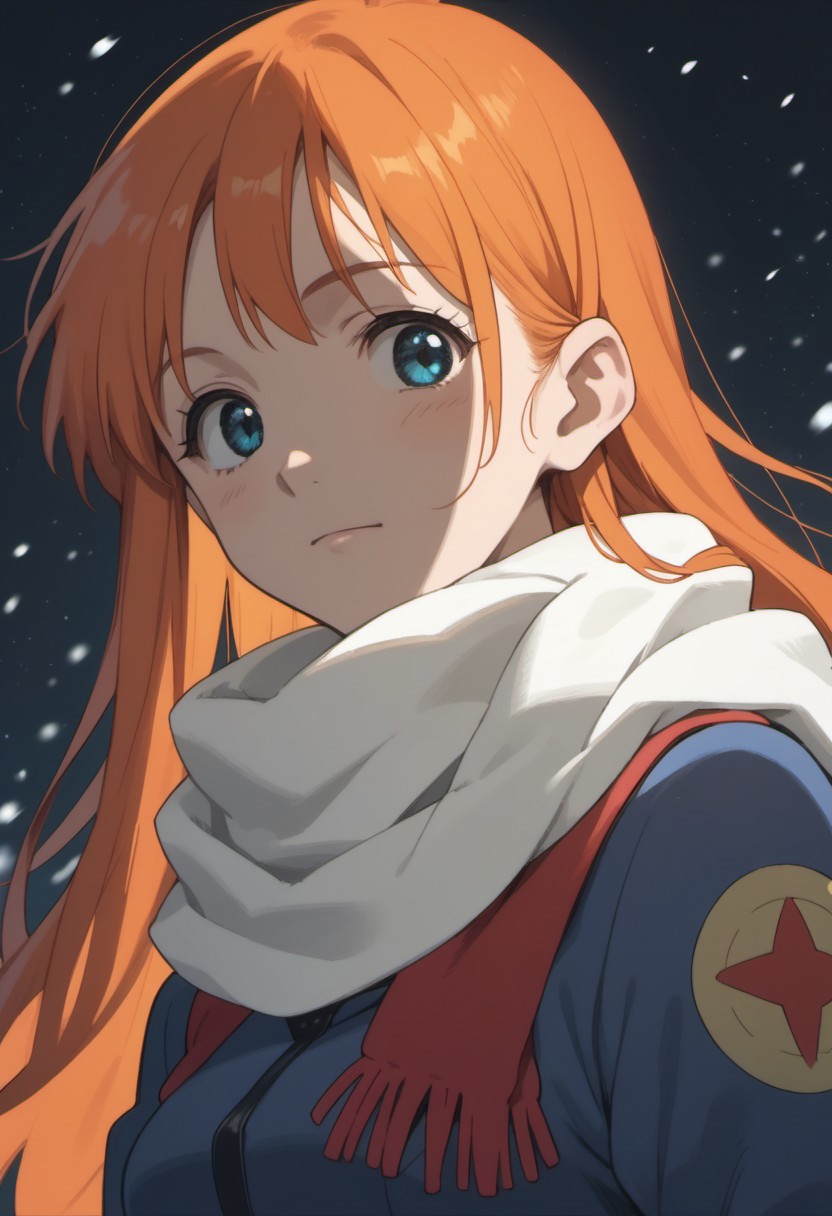score_9, score_8_up, score_7_up, source_anime, nono, 1girl, solo, long hair, blue eyes, scarf, orange hair, looking at viewer