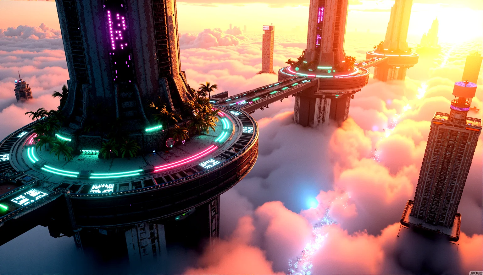A city built on massive floating platforms above the clouds. Skyscrapers rise from the platforms, their bases shrouded in mist. The city is interconnected by sleek, transparent walkways, and the air is filled with flying vehicles and drones.Nature reclaiming parts of the city, with plants that glow with neon lights intertwined with the decaying architecture.Fields of plasma energy that distort light, creating shimmering waves of color and light around them. Random glitches in the holographic displays throughout the city, causing light to distort and break.Urban crystals that glow with a soft, inner light, embedded in the city's architecture.
A sunset that glitches and shifts in color, with rays of light that break into pixels and reform as they pass through the atmosphere.