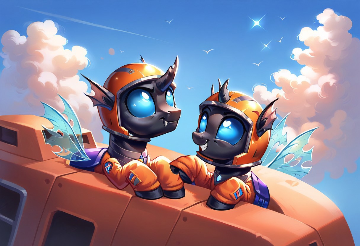 score_9, score_8_up, score_7_up, score_6_up, score_5_up, score_4_up, rating_safe, source_pony, changeling, male, black body, in a space suit, cosmonaut, cosmonaut helmet, looking up, fully clothed, blue changeling eyes, beautiful eyes, grinning, rocket launch site, day, clouds, good anatomy, beautiful, low light, detailed background