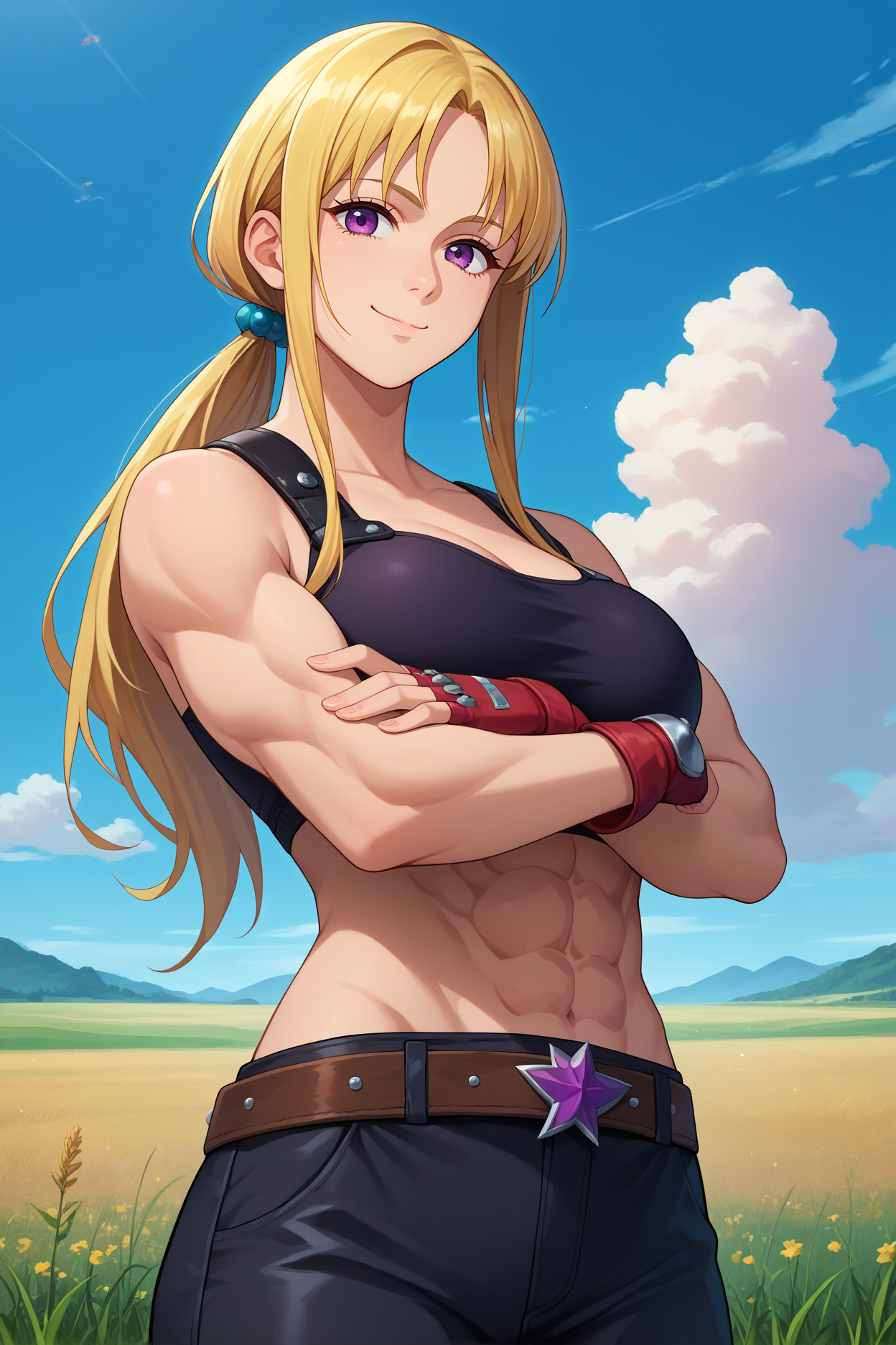 score_9, score_8_up, score_7_up, score_6_up, source_anime, 1girl, solo,  <lora:matrona-pdxl-nvwls-v1-000006:1> sdsmtrna, blonde hair, sidelocks, low ponytail, long hair, purple eyes, toned, sidelocks, black sports bra, belt, black pants, fingerless gloves, red gloves, large breasts, upper body, field, clouds, blue sky, looking at you, smile, closed mouth, crossed arms, portrait