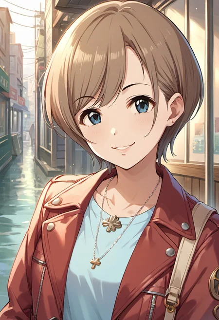 score_9, score_8_up, score_7_up, source_anime, manaka misato, short hair, brown hair, blue eyes, 1girl, solo, jewelry, necklace, jacket, bag, looking at viewer, red jacket, smile, upper body