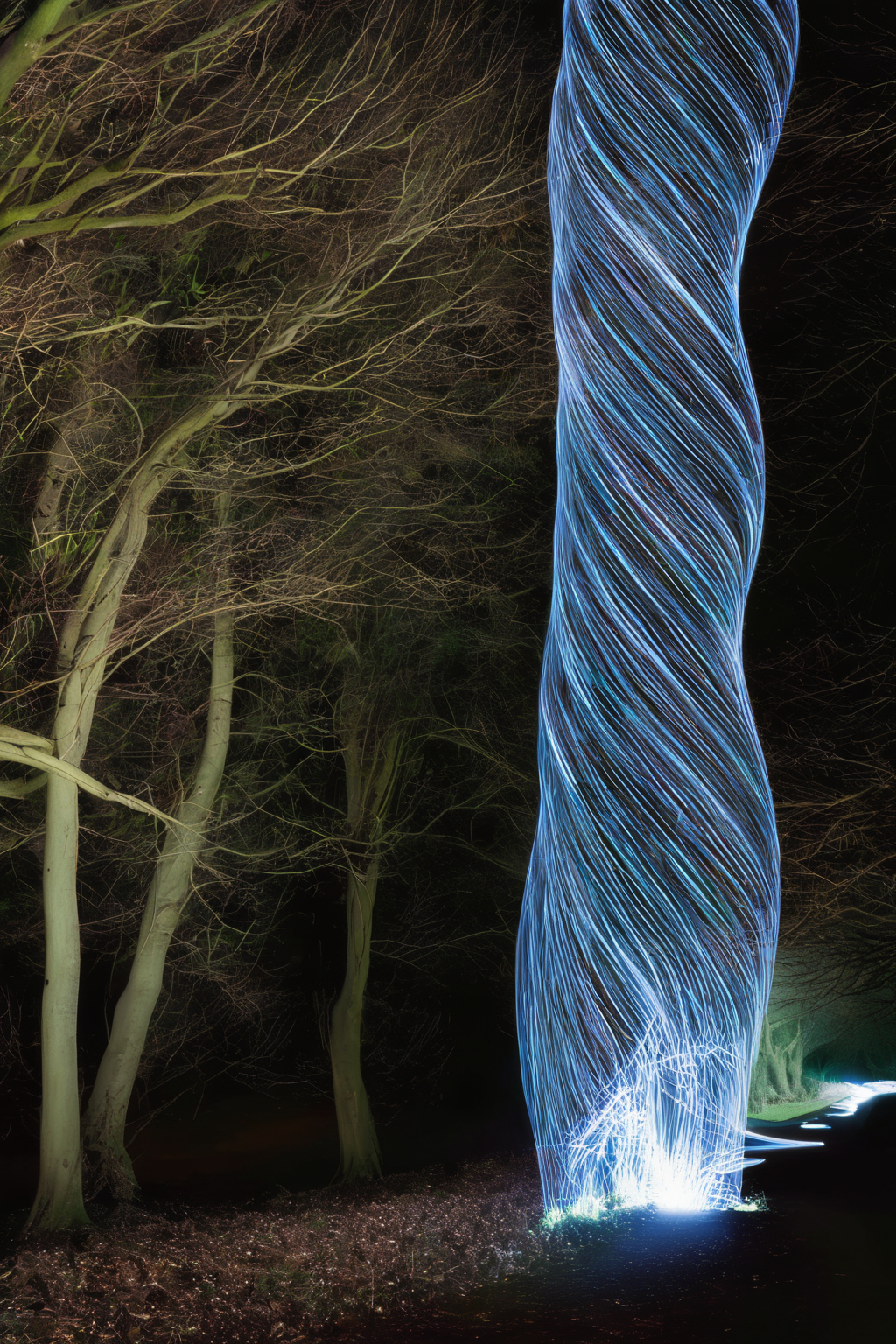 <lora:Photographer Martin Kimbell Style:1>Photographer Martin Kimbell Style - a long exposure photo of a tree with light streaks in the background and a path in the foreground