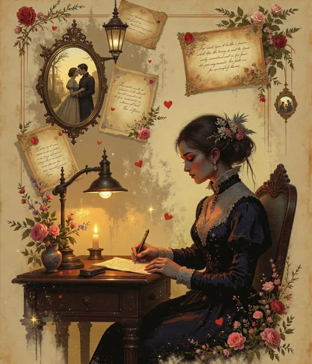 **Subject/Scene:**
A breathtaking, cinematic depiction of a **romantic time-traveling journey through sepia-toned vignettes, where vintage love stories unfold like a delicate dream**. The scene is infused with the **warmth of nostalgia**, evoking memories of a bygone era filled with **handwritten love letters, pressed flowers, and ornate lace-trimmed valentines**.
At the heart of the composition, a **woman dressed in 19th-century attire** sits by an old wooden writing desk, illuminated by the golden glow of candlelight. She delicately holds a faded love letter, her gloved fingers tracing the elegant cursive script as if feeling the whispers of a distant romance. A single **red wax seal lies broken beside her**, revealing a message of longing and devotion from an unseen admirer.
Swirling around her, **fragments of time unravel**—sepia-toned vignettes depicting fleeting moments of love:
- A **Victorian couple exchanging a stolen kiss beneath an ornate street lamp**, their figures softly blurred like an old photograph.
- A **soldier penning a heartfelt letter on the eve of his departure**, his ink-stained hands trembling with emotion.
- A **woman in a flowing gown twirling through a ballroom**, her dance frozen in time like an antique daguerreotype.
Each scene appears like **delicate, translucent echoes of the past**, suspended in the air like fragments of a forgotten dream.
Scattered throughout the scene are **classic vintage valentines**, intricately decorated with **lace patterns, embossed roses, and golden filigree**, their delicate paper edges curling with age. Some flutter gently, caught in a **soft, timeless breeze**, while others rest upon the desk, adorned with **delicate dried lavender and pressed violets**—tokens of love carefully preserved across centuries.
**Background & Mood:**
The background is **soft and ethereal**, with a **sepia-hued glow that fades into rich, warm ambers and delicate ivory tones**. The lighting is **dreamy and romantic**, casting **gentle shadows that mimic the flickering of candlelight**. The entire scene has the **atmosphere of an old, beautifully preserved memory**, as if glimpsed through the pages of a long-lost diary.
Faintly in the distance, a **vintage steam train lingers in a misty haze**, symbolizing the passage of time and the journeys of love that transcend generations. Wisps of soft smoke curl through the air, blending seamlessly with the floating vignettes, creating a sense of **fluid, poetic movement**.
**Art Style & Details:**
A seamless blend of **hyper-realistic vintage photography and soft painterly elegance**, enriched with **intricate details that feel tangible**—the texture of aged paper, the shimmer of antique gold ink, the softness of delicate lace. The scene is bathed in **a warm, sepia-toned palette**, accented by the occasional **deep crimson of a wax seal or the soft blush of a fading rose**.
The composition exudes **romantic nostalgia, evoking a deep sense of longing, devotion, and timeless love**. The blend of **realism and fantasy** transports the viewer to a world where love letters hold whispers of the past, and vintage valentines carry the essence of undying romance.
0P4R7, BlacklightGraffiti, Foggy, xijie_mihuan, anime-style illustration , illustration, fg, shanshui, 0r1t1s, Anaglyph3D, bo-romance, Anime, 3mb3rot, Jedcyb3r, Jedspl4tt,