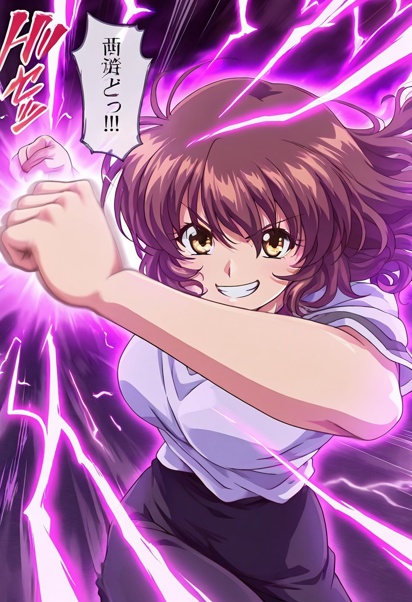 grin,
looking at viewer,
solo,
kiharu、
sound effects,
(motion_blur:1.2),(motion line:1.1),(speed_lines:1.1),
speech bubble,
fighting_stance,standing,punching,aura effect,Lightning Effects
detailed background,glitter,
anime screencap,anime coloring,
masterpiece,best quality,good quality,newest,