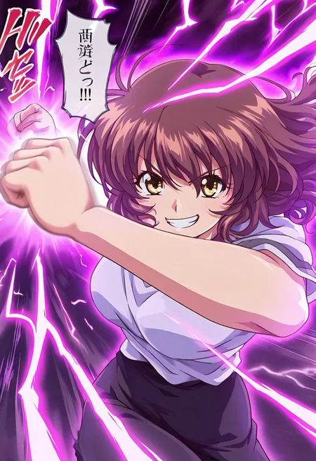 grin,
looking at viewer,
solo,
kiharu、
sound effects,
(motion_blur:1.2),(motion line:1.1),(speed_lines:1.1),
speech bubble,
fighting_stance,standing,punching,aura effect,Lightning Effects
detailed background,glitter,
anime screencap,anime coloring,
masterpiece,best quality,good quality,newest,