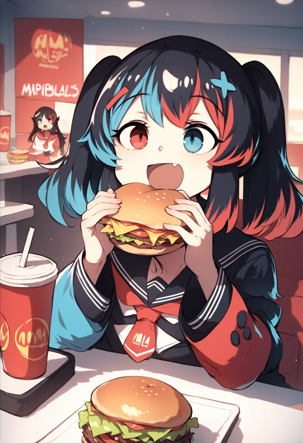 score_9, score_8_up, score_7_up, source_anime, 1girl, Switchchan, heterochromia, sailor collar, school uniform, shirt, serafuku, <lora:SwitchchanXLPD-000011:1>, burger, eating, table, indoors, cowboy shot, happy, holding burger, sitting, open mouth, mcdonald's,