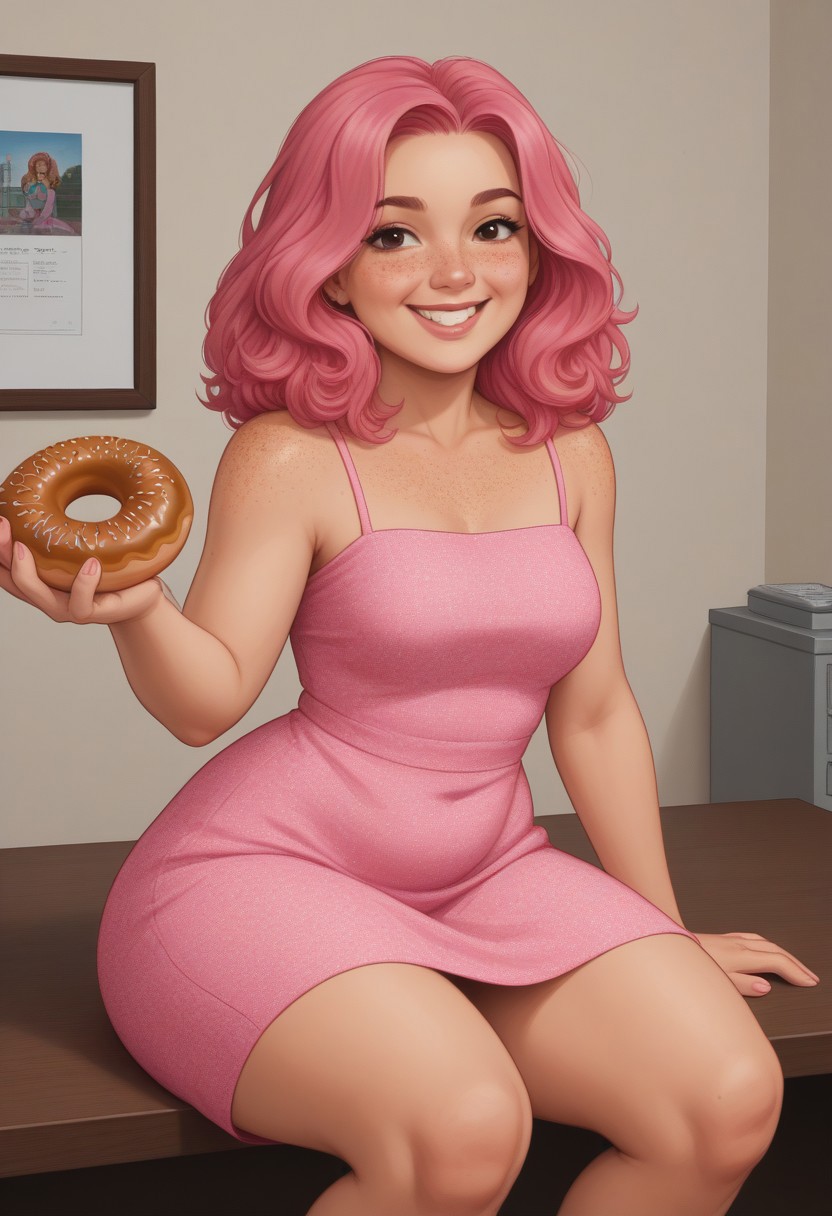 a2dstyle, bold outlines, flat colors, defined shading, illustration, 1girl, pink hair, freckles, PAWG, Thicc, character design, sitting on a donut, pink maxi dress, smile