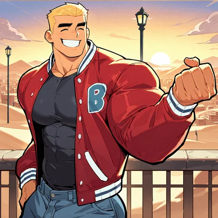 <lora:DASH:1.5>dash, solo, smile, short hair, shirt, blonde hair, long sleeves, 1boy, muscular, male, muscular, bara, standing, jacket, upper body, closed eyes, male focus, outdoors, open clothes, teeth, sky, pants, cloud, grin, open jacket, black shirt, ^_^, thick eyebrows, mature male, denim, building, meme, sunset, jeans, city, cityscape, lamppost, letterman jacket, scene reference, desert, hand up, red jacket, motion blur, film grain, abstract, natural lighting, fantasy, dynamic view, tilted angle, very awa, masterpiece, best quality, absurdres, newest, perfect quality, detailed background, (artist:fl \(l-fl\):0.7), (artist:tooboshoo:0.7), (artist:dizdoodz:0.8)