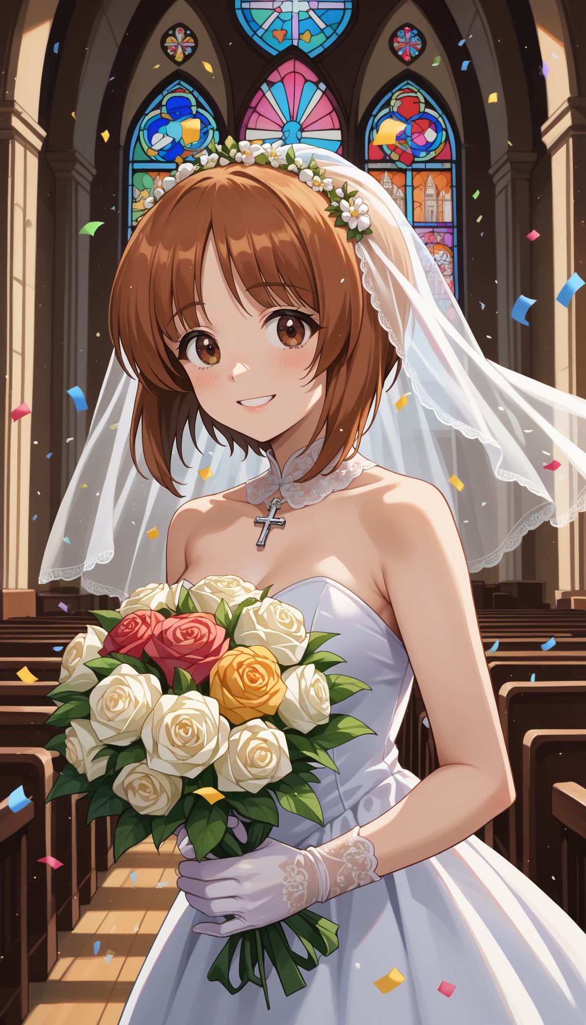 score_9, score_8_up, score_7_up, source_anime, 
 <lora:GUPMiho:1> 1girl, nishizumi miho, brown hair, short hair, brown eyes,  
indoors, church, stained glass, whie veil, laced gloves, upper body, close portrait church, holding bouquet, (confetti:1.1), smile, white dress, wedding dress, church, holding bouquet, (confetti:1.1)