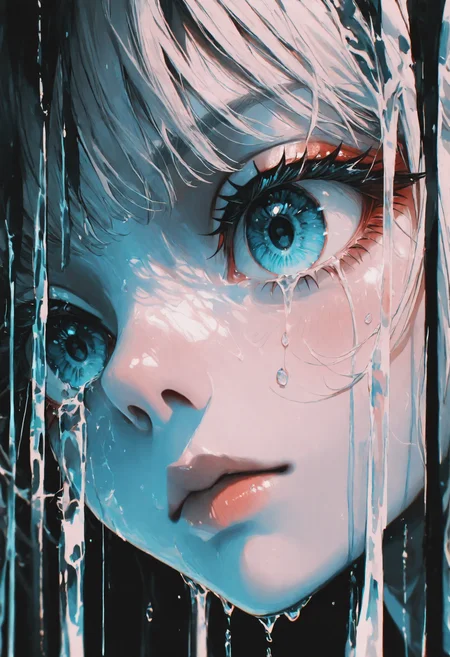masterpiece, best quality, newest, absurdres, highres, very awa, anime screencap, no lineart, limited palette, traditional media, liquid, ambient occlusion, depth of field, blue blackground, simple background, 1girl, solo, close-up, water, solo, eyelashes, reflection, realistic, water drop, water drop into eye, eye focus, signature, makeup, blue eyes, 1other, nose, refraction, bubble, photorealistic, lips