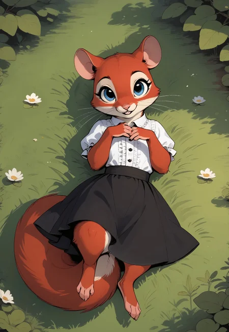 score_9, score_8_up, score_7_up, score_6_up, score_5_up, score_4_up, m0use_maximilla, (((squirrel))), in the style of Beatrix Potter, (red fur, blue eyes), cute, (feral), (furry), (solo)
[][][][][]
frilly shirt, ((black skirt)),
[][][][][]
outdoors, nature, (full body shot), lying in the grass, lying, high angle view,