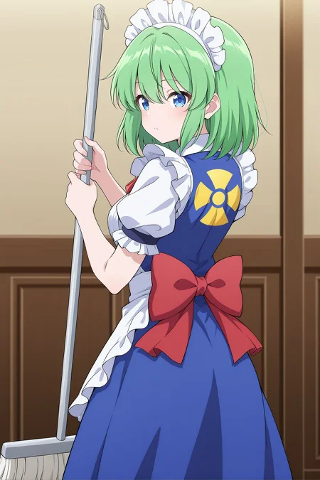 absurdres, highres, masterpiece, best quality, amazing quality, official anime artwork, screencap, anime screencap, indoors, dynamic pose, 
 <lora:Ruukoto_Illustrious:1> ruukoto, 1girl, solo, blue eyes, green hair,, maid headdress, neck ribbon , red ribbon, blue dress, frilled sleeves, short sleeves, maid apron, back bow, red bow, holding mop, from the back, cleaning, radiation symbol,