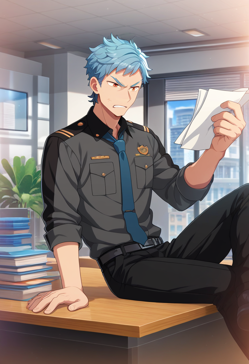 1boy, male focus, 
<lora:Character_-_Helios_Rising_Heroes_-_Asch_Albright:1> asch, blue hair, orange eyes,  
((zPDXL)), score_9_up, score_8_up, score_7_up, score_6_up, score_5_up, score_4_up, best quality, amazing quality, best aesthetic, absurdres, year2023, nsfw, game cg,  official art, official style, anime screencap,
indoor, office, desk, sitting on desk, black pants, police uniform, blue necktie, holding paper, angry, belt,