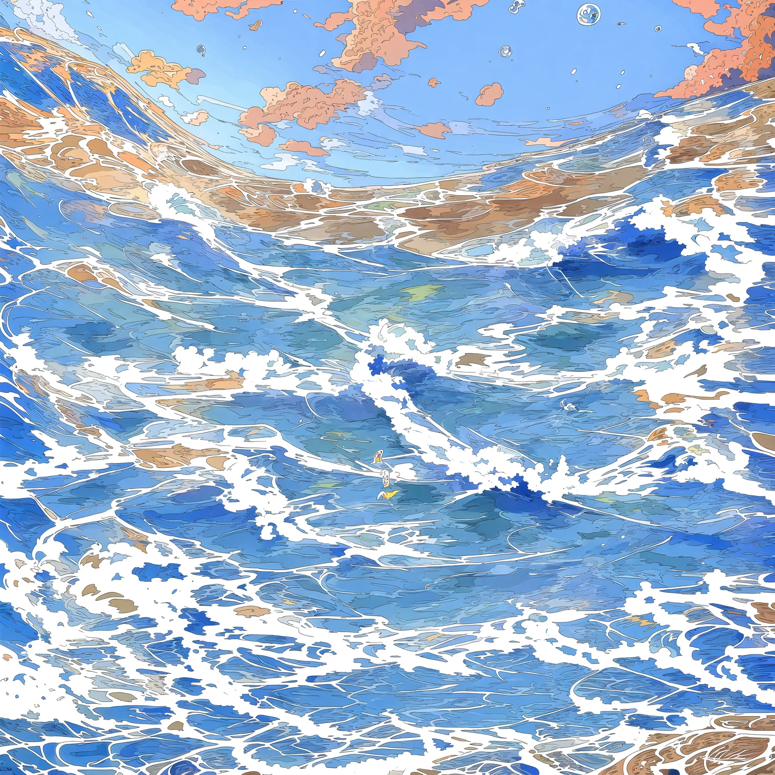 (masterpiece, best quality), water, waves, cloud, outdoors, sky, fish