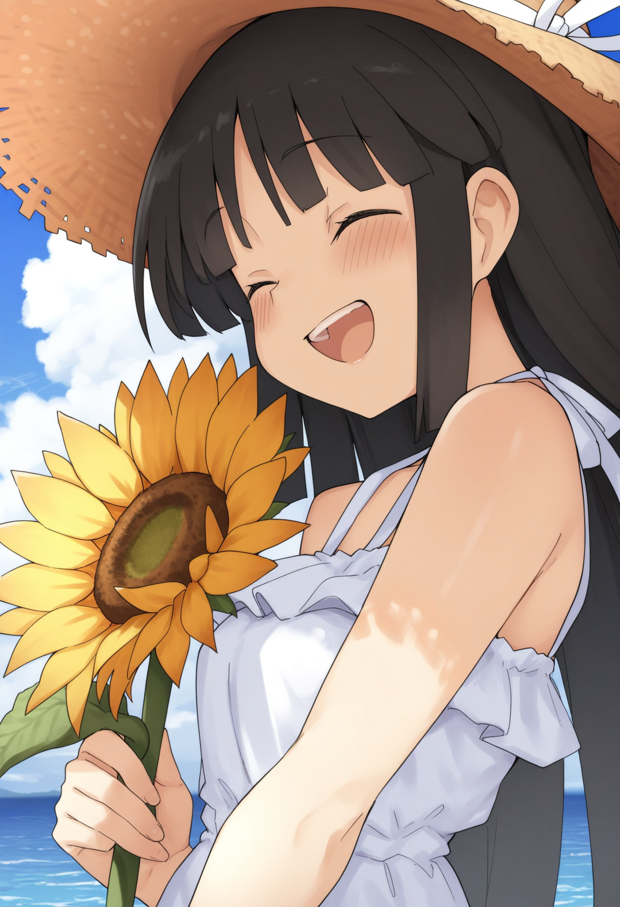 masterpiece,best quality,amazing quality,
hiyou (kancolle), 1girl, sunflower, flower, long hair, hat, solo, outdoors, black hair, closed eyes, day, sky, straw hat, dress, ribbon, cloud, hair ribbon, white ribbon, smile, holding, white dress, sun hat, hime cut, open mouth, blue sky, ocean, holding flower, sleeveless, shirt, upper body, waving, blush, sundress,
 <lora:Jank365m:1>