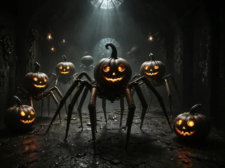 (wide angle photography:1.2), (whole body:1.5), shot, (full body photo:1.1), realistic analog photo,dark, darkness,
steampunk, scary arachnoid punpkins, multiple small metal pumpkins with glowing eyes, mounted on (metal arachnoid legs:1.2), steam punk style, crawling around in a dark cave,steampunk, gears,steampunknoireai,
epic realistic, faded, ((neutral colors)), art, (hdr:1.5), (muted colors:1.2), hyperdetailed, (artstation:1.5), cinematic, warm lights, dramatic light, (intricate details:1.1), complex background, (rutkowski:0.8), by Blizzard entertainment
, (mysterious atmosphere:1.1), (low luminosity:1.2), in the dark, obscurity, (mist:1.3),
, realistic, depth of field, highres, 4k, 8k, intricate detail, amazing quality, wallpaper, <lora:RMSDXL_Enhance:1>,  <lora:dark:0.4> <lora:RMSDXL_Darkness_Cinema:1> <lora:Into_Darkness:0.8><lora:sdxl_cyberpunk:0.5> <lora:steampunk_xl_v2:1.2> <lora:SteamPunkNoireAI:0.5> <lora:steampunkXL:0.5>, realistic skin texture, detailed skin pores, skin hair, skin looks real, hi rez skin details
