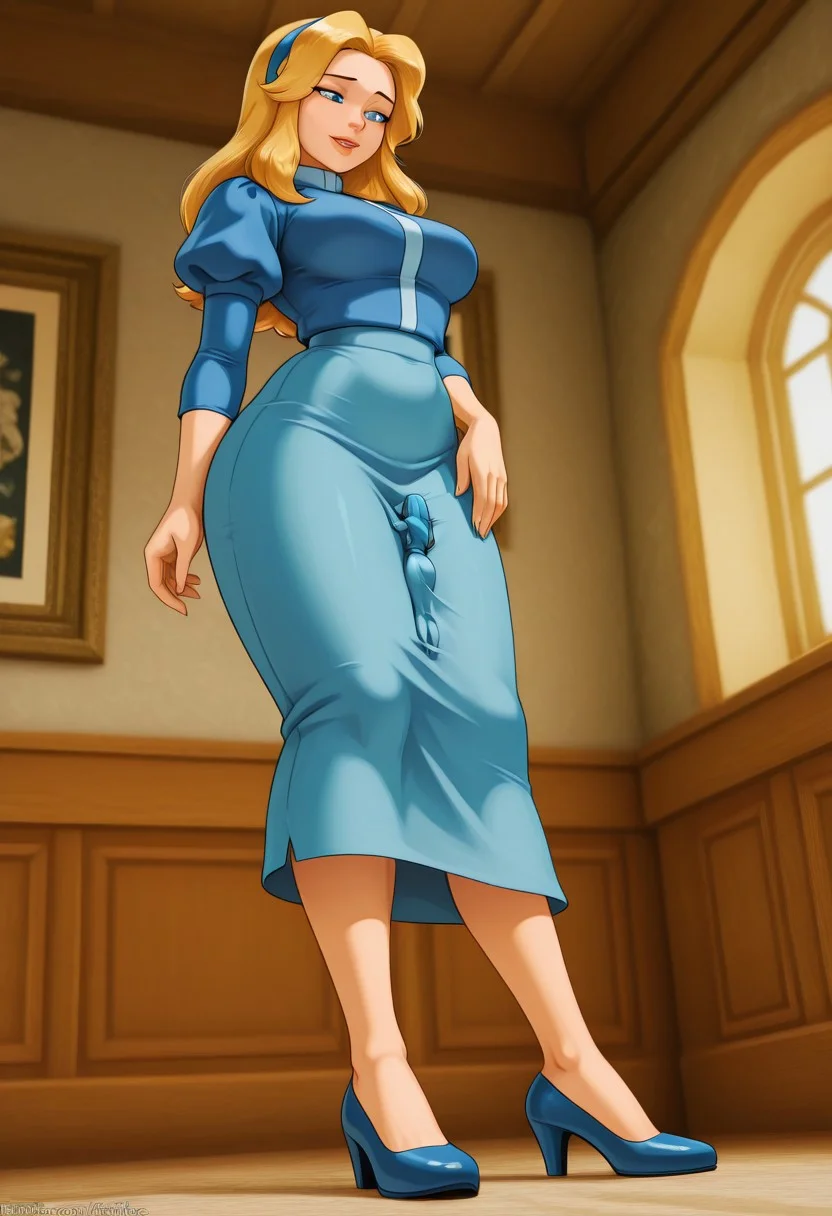 clothingentrapment, giantess, clothing entrapment, size difference, outline of person inside clothing, mariarobotnik, adult, milf, thicc, blue dress, puffy sleeves, medium skirt, shoes, blue footwear