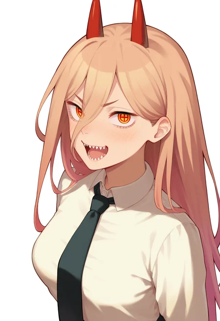 best quality, amazing quality, very aesthetic, absurdres,
BREAK
1girl, power \(chainsaw man\), pink hair, blonde hair, red horns, red eyes, cross-shaped pupils, long hair, sharp teeth, hair between eyes, symbol-shaped pupils,
collared shirt, black necktie, long sleeves,
looking at viewer, white shirt, open mouth, arms behind back,
simple background, white background, smile, upper body,  <lora:MoryoNoob_byKonan:1>