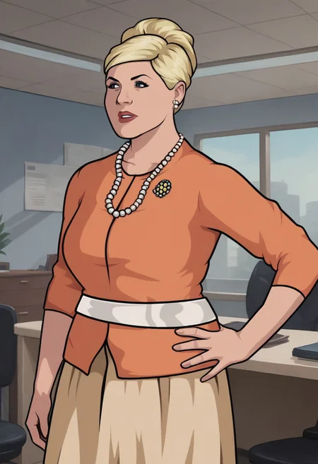 Score_9_up, score_8_up, score_7_up, BREAK 1girl, solo, pampoa, blonde hair, orange sweater, pearl necklace, belt, skirt, hand on hip, office
