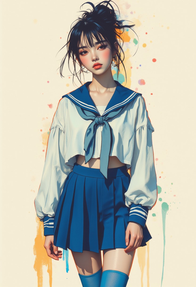 midjourney_whisper_avant_couture, OBxiaoxiang, inksplash portrait of stunning oriental woman, short cropped sailor blouse with blue ribbon, pleated blue miniskirt, blue thigh-highs, direct gaze, light hitting one side of face, gradient colour background